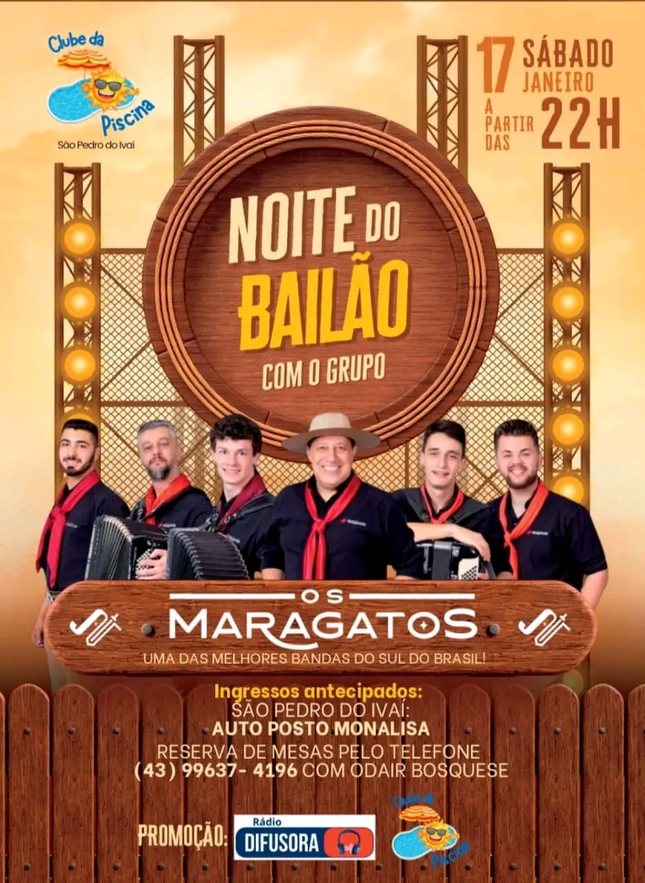 Alô São Pedro do Ivaí eles estão chegando uma das melhores bandas de bailão do Sul do Brasil, Os Maragatos neste sábado 17 de janeiro no Clube da Piscina, ingressos antecipados no posto Monalisa reserva de mesas pelo 43 99637-4196 falar com o Odair Bosquese