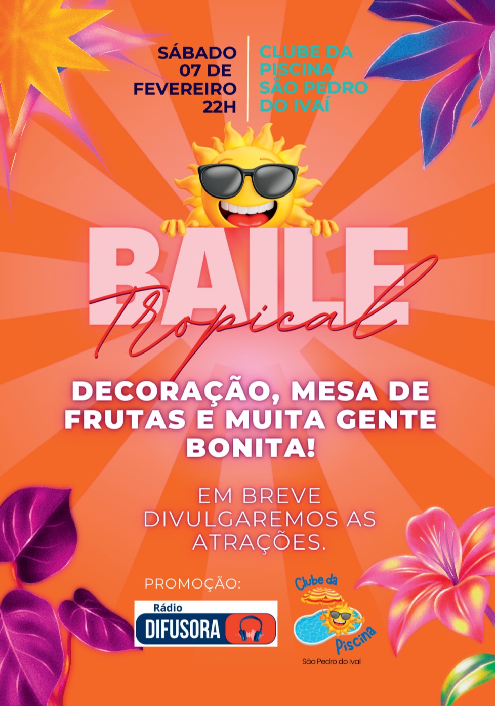 o primeiro Baile Tropical do Clube da Piscina de São Pedro do Ivaí já tem data marcada marque na sua agenda sábado 07 de Fevereiro de 2026 em breve iremos divulgar as atrações...