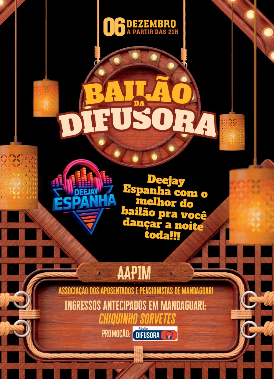 Bailão da Difusora sábado 06 de Dezembro a partir das 21:00 hrs na AAPIM Associação dos Aposentados e Pensionistas de Mandaguari. Muito bailão pra você dançar a noite toda! Ingressos antecipados em Mandaguari na Chiquinho Sorvetes. Promoção Rádio Difusora.