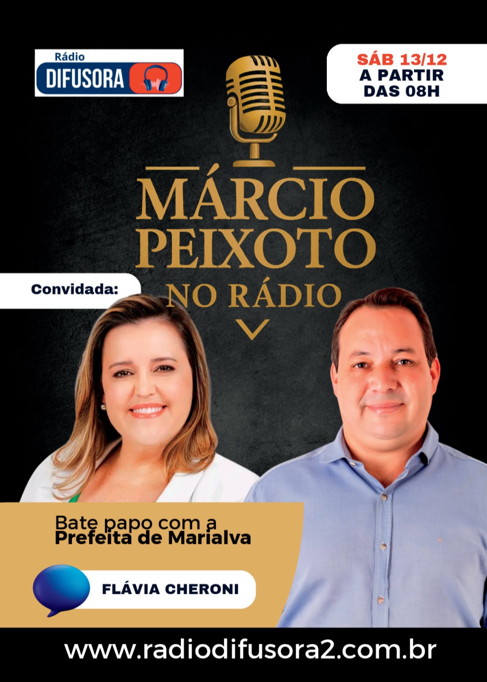 Ouça amanhã no programa Márcio Peixoto no rádio a partir das 08:00 hrs na rádio Difusora entrevista com a Flávia Cheroni prefeita de Marialva.
