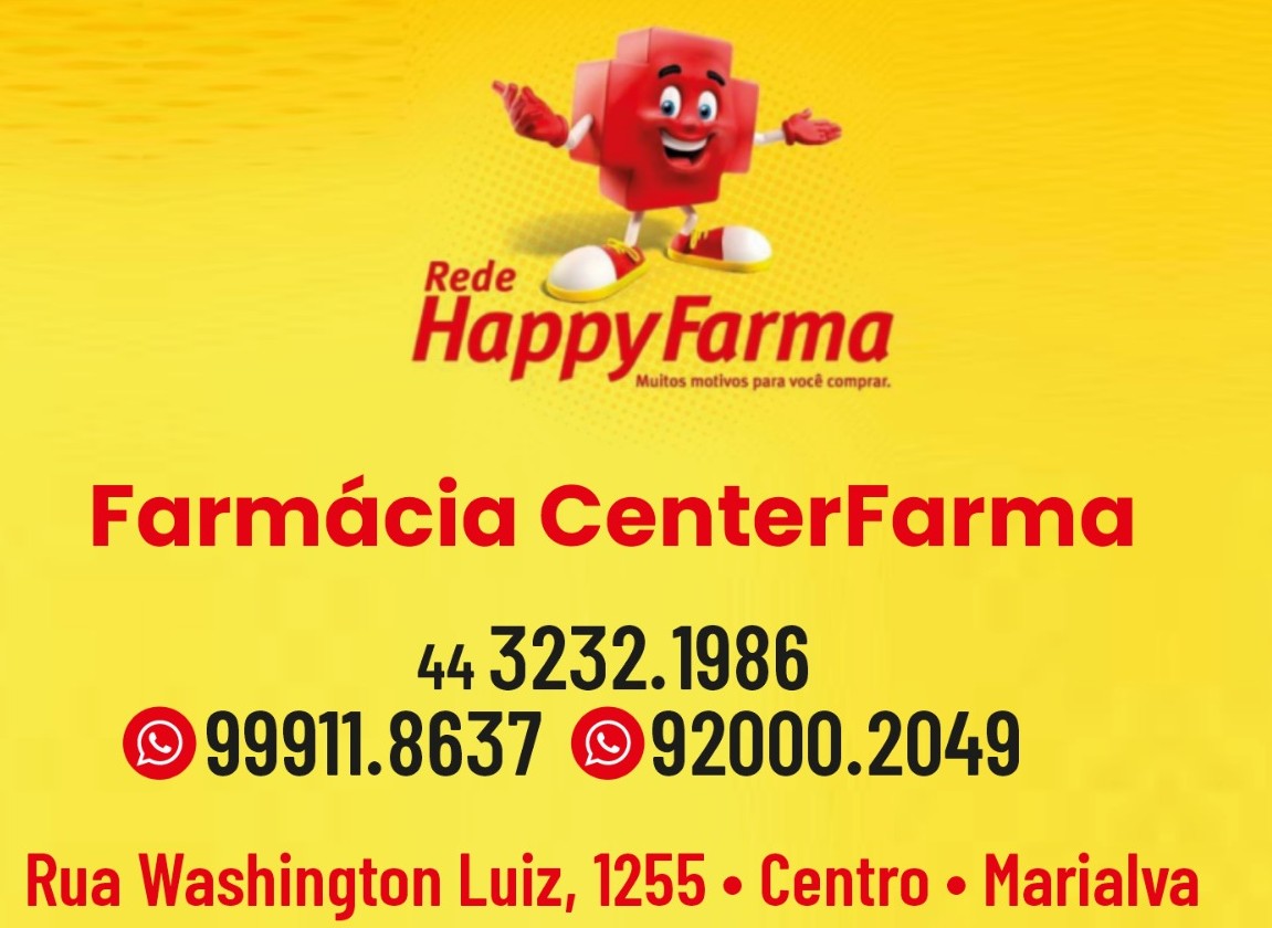 Farmácia CenterFarma possui o programa do governo federal aqui tem farmácia popular onde os medicamentos que estão na lista do governo federal como asma, diabetes, pressão, são gratuitos. Farmácia CenterFarma pertence a rede Happy Farma onde temos toda linha de medicamentos de referência, linha dos melhores laboratórios de medicamentos genéricos e linha de perfumaria completa. Farmácia Center Farma do amigo Zé Luiz rua Washington Luiz, 1255 centro Marialva fone: 44 3232 1986 whatsapp 44 99911 8637