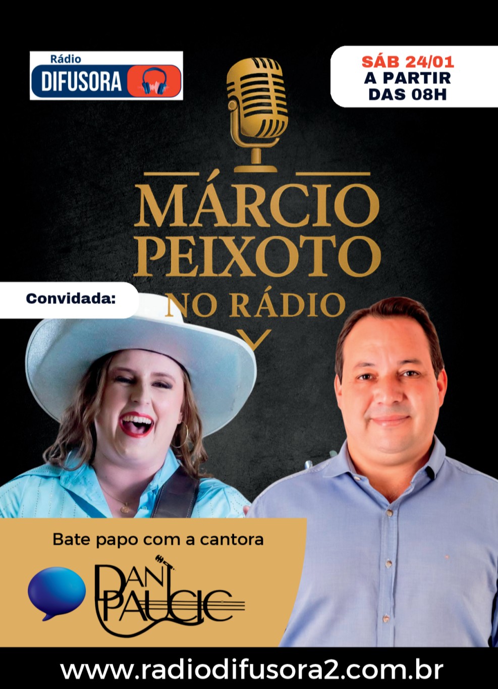 Ouça amanhã no programa Márcio Peixoto rádio a partir das 08:00 hrs aqui na rádio Difusora entrevista com a cantora Dani Paucic.