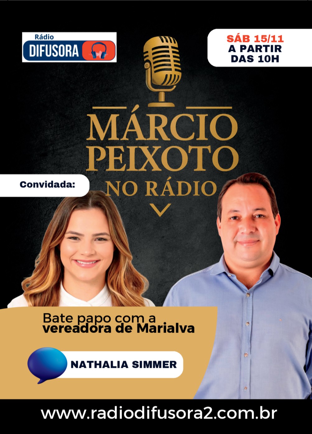 Ouça hoje no programa Márcio Peixoto no rádio a partir das 10:00 hrs na rádio Difusora entrevista com a Nathalia Simmer vereadora de Marialva.